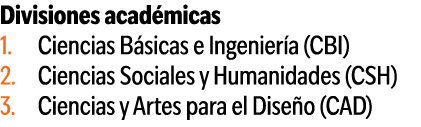Divisiones acad micas Ciencias B sicas e Ingenier a (CBI) Ciencias Sociales y Humanidades (CSH) Ciencias y Artes para...
