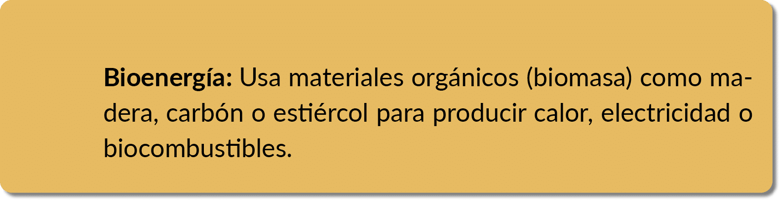 Bioenerg a: Usa materiales org nicos (biomasa) como madera, carb n o esti rcol para producir calor, electricidad o bi...