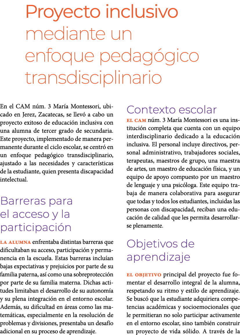 Proyecto inclusivo mediante un enfoque pedag gico transdisciplinario En el CAM n m. 3 Mar a Montessori, ubicado en J...