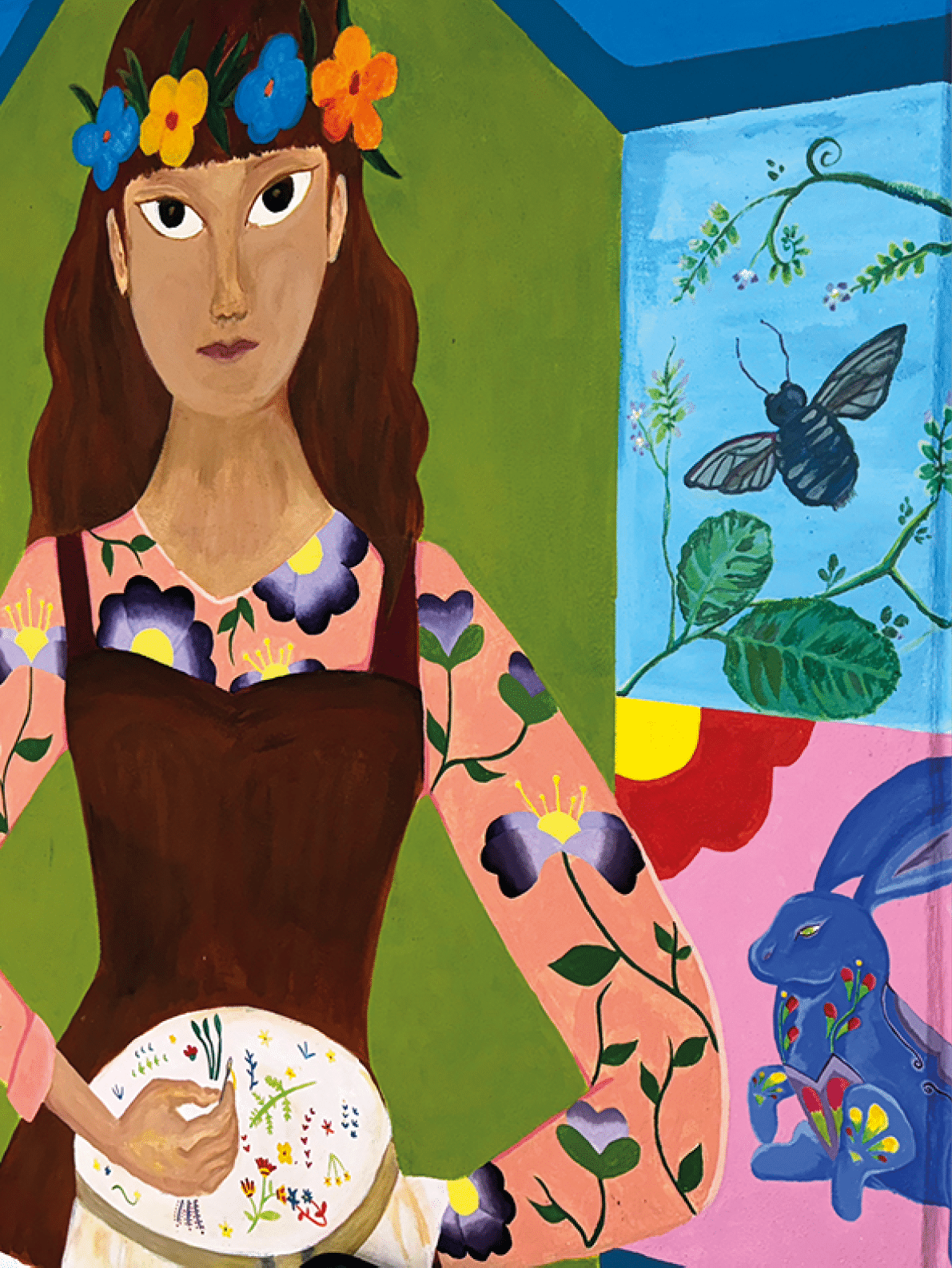 A woman is depicted in a painting with a flower crown on her head. She is holding a palette and brush, possibly painting a picture. The painting also features a bunny and a butterfly. Contenido generado con IA