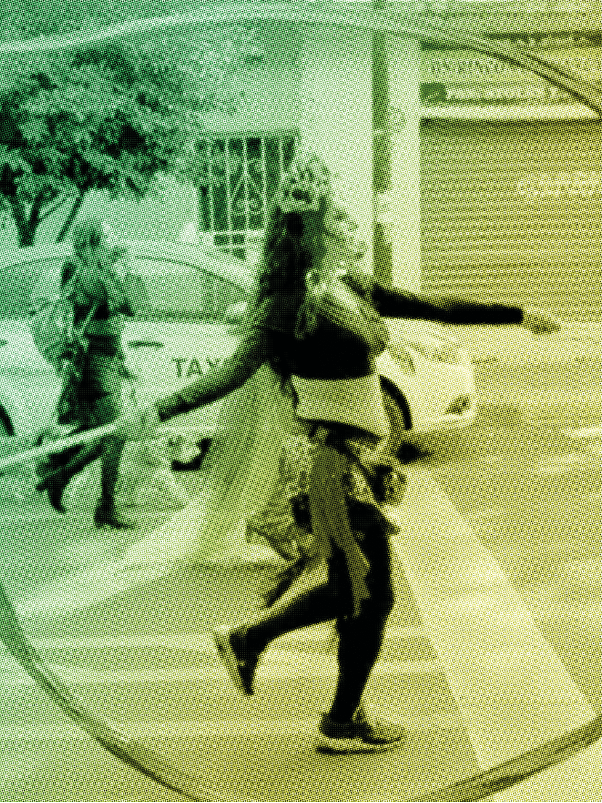 A woman in a black and white dress is dancing in the street. Contenido generado con IA