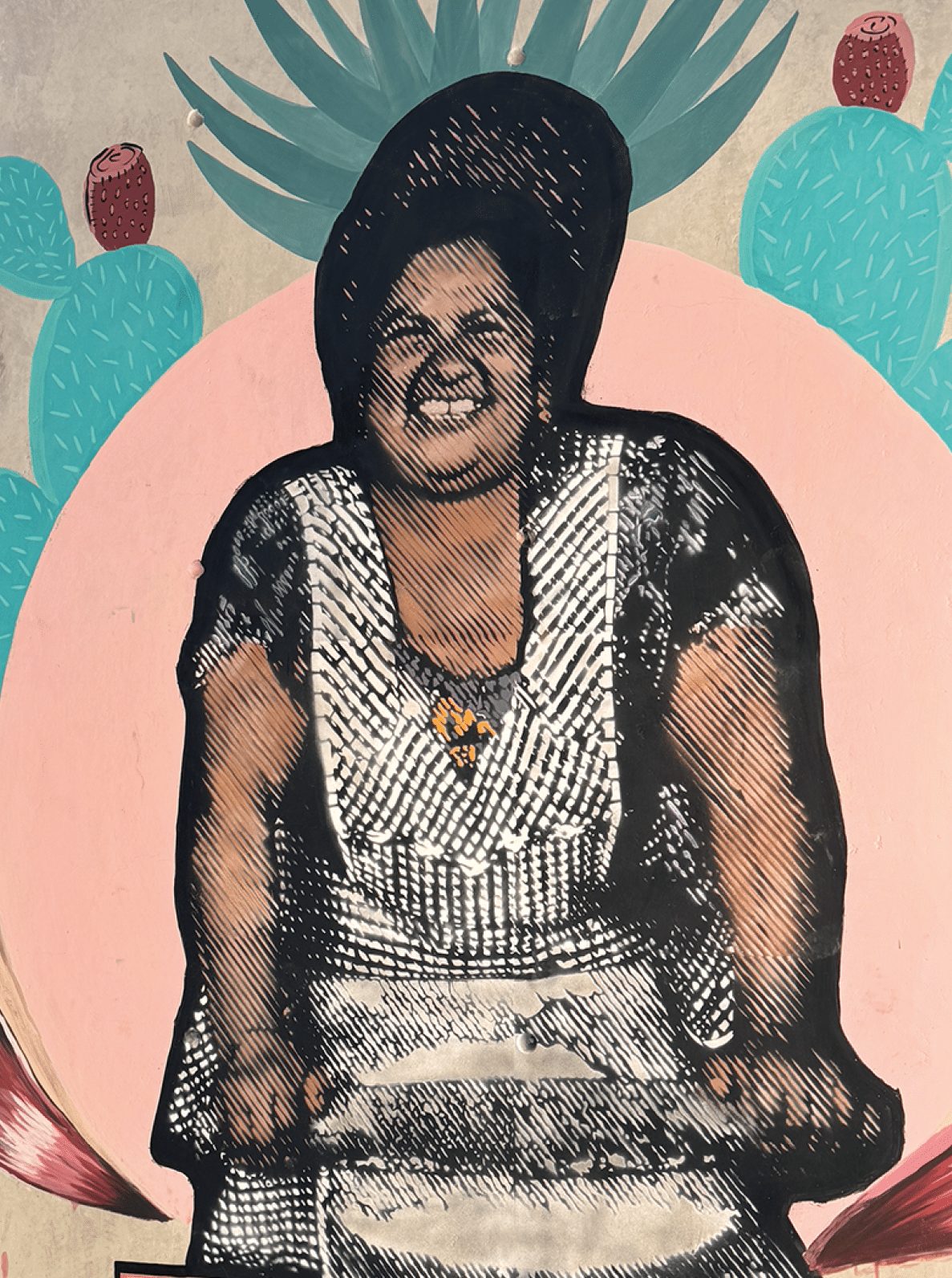 A woman is depicted in a painting, smiling and wearing a dress. Contenido generado con IA